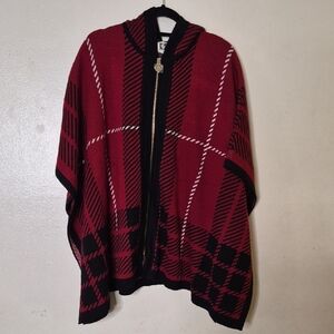 Anne Klein Red and Black Plaid Poncho